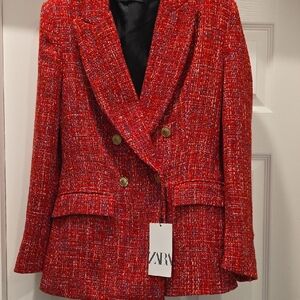 Zara Women's Vibrant Red Tweed Blazer